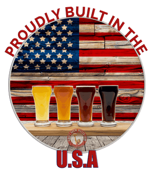 Four craft beer glasses in front of American flag with proudly built in USA text
